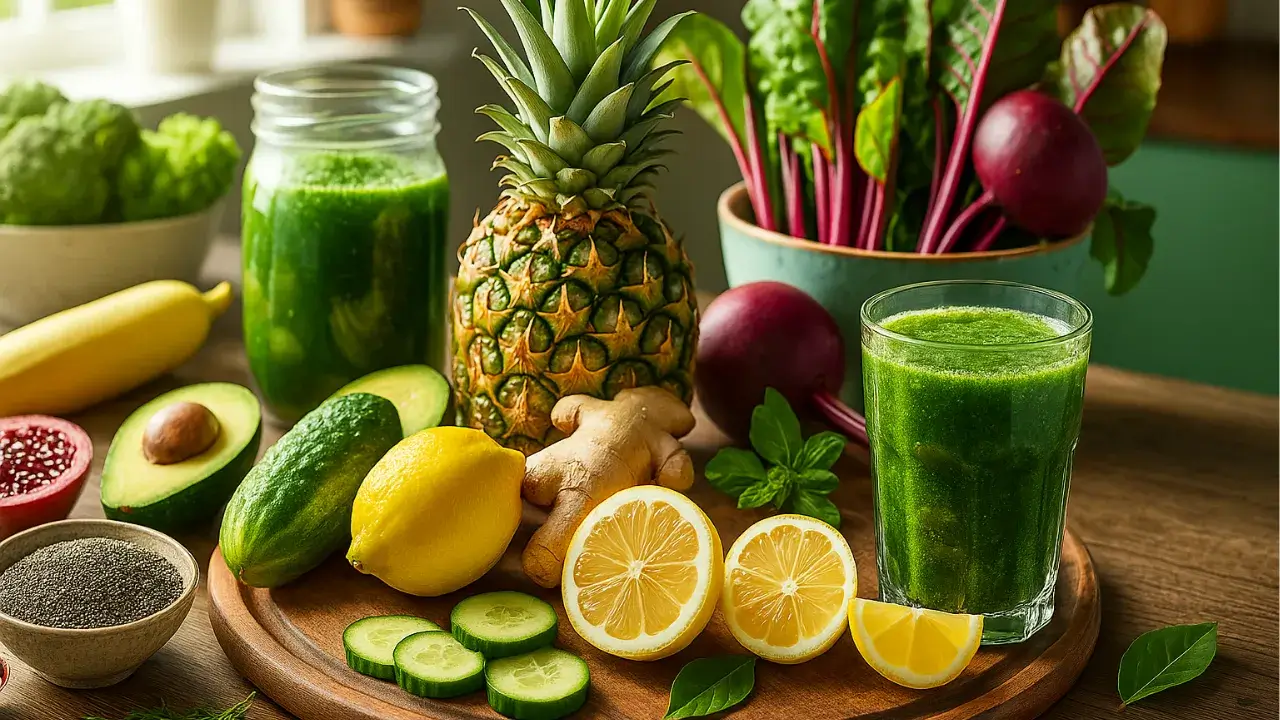 Suco verde detox em copo e jarra sobre mesa de madeira, cercado por ingredientes naturais como abacaxi, pepino, limão, gengibre, chia, couve, beterraba, abacate, banana e folhas frescas, representando alimentos que aceleram a queima de gordura.