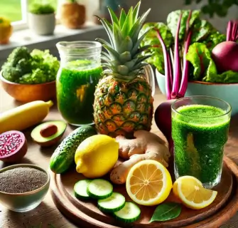 Esta imagem vibrante captura a essência de uma dieta detox saudável, com alimentos frescos e naturais espalhados sobre uma mesa de madeira. Entre os ingredientes estão limão, couve, gengibre, abacaxi e uma refrescante bebida verde com sementes de chia. A cena é iluminada por luz natural, destacando a simplicidade e beleza dos alimentos que ajudam a desintoxicar o corpo e acelerar a queima de gordura.