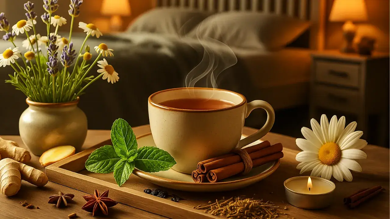 Xícara de chá fumegante ao lado de ervas naturais como camomila, hortelã, gengibre e canela, em um quarto aconchegante com iluminação suave, representando os benefícios dos chás para emagrecimento noturno e relaxamento antes de dormir.