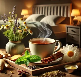 Uma xícara de chá quente sobre uma mesa cercada por ingredientes naturais como gengibre, hortelã, canela, camomila e lavanda. Ao fundo, uma cama em um quarto acolhedor iluminado suavemente, criando um ambiente de relaxamento noturno.