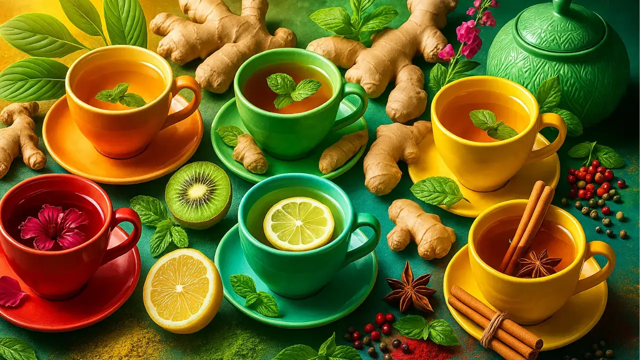 Seis xícaras coloridas com diferentes chás detox, representando chá verde, hibisco, canela, gengibre, chá mate e chá de limão com hortelã, cercadas por ingredientes naturais como limão, hortelã, gengibre, kiwi e especiarias, em um cenário vibrante e saudável.