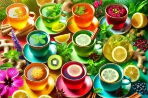 Na imagem, seis xícaras de chás detox coloridos estão dispostas lado a lado, cada uma com ingredientes frescos como limão, gengibre e hortelã. As cores vibrantes das bebidas destacam seus sabores e benefícios naturais, enquanto os ingredientes ao redor sugerem frescor e saúde.