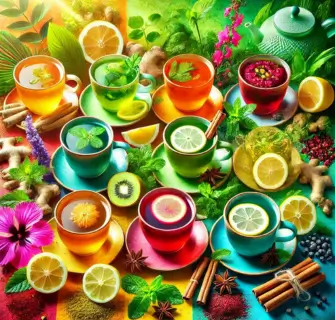 Na imagem, seis xícaras de chás detox coloridos estão dispostas lado a lado, cada uma com ingredientes frescos como limão, gengibre e hortelã. As cores vibrantes das bebidas destacam seus sabores e benefícios naturais, enquanto os ingredientes ao redor sugerem frescor e saúde.