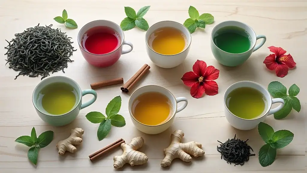 Composição com seis chás para emagrecer: xícaras com líquidos coloridos e ingredientes naturais como gengibre, hibisco, canela, hortelã, mate e chá verde sobre mesa clara.