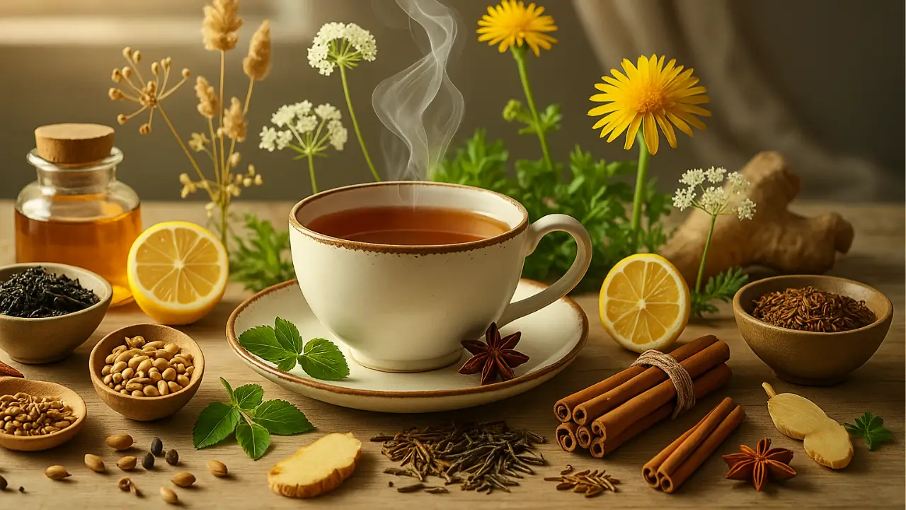 Xícara de chá fumegante sobre mesa rústica de madeira, cercada por ervas naturais, especiarias, canela, gengibre, limão e flores frescas, com luz suave entrando por uma janela ao fundo, representando um momento de relaxamento e bem-estar digestivo.