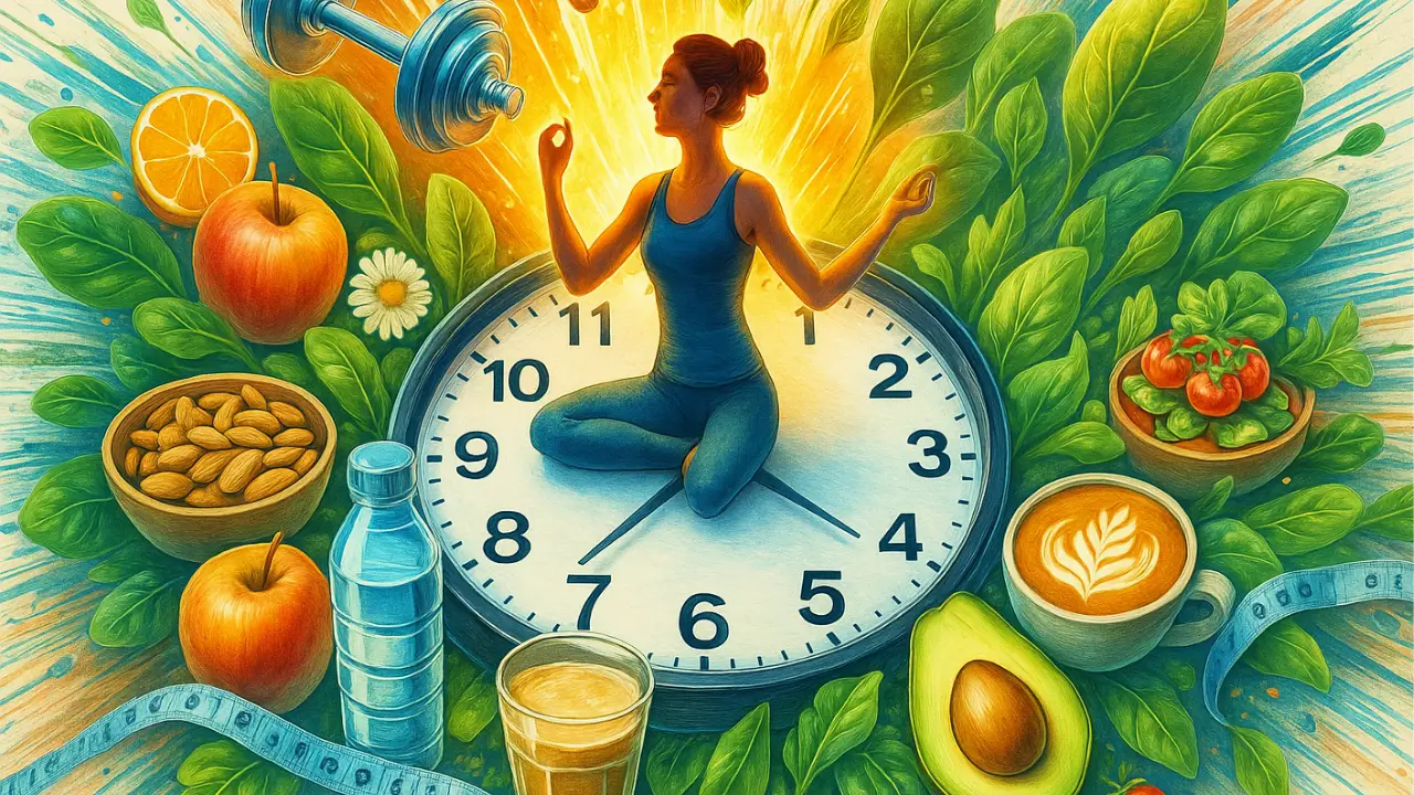 Ilustração vibrante representando o jejum intermitente, com uma mulher em posição de meditação sobre um relógio, cercada por alimentos saudáveis como abacate, vegetais, café, água, frutas e castanhas, simbolizando equilíbrio entre alimentação, tempo e bem-estar.