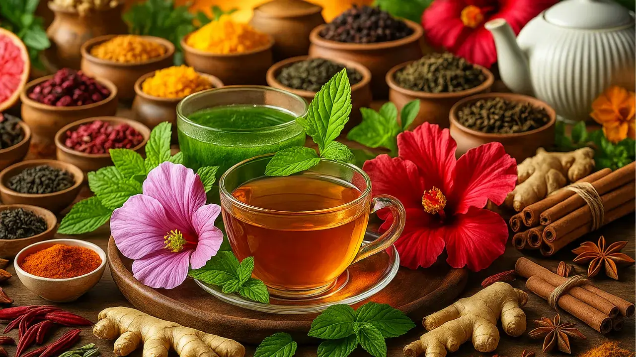 Composição vibrante de chás naturais em xícaras cercadas por flores, gengibre, canela, ervas secas e especiarias, dispostos sobre mesa rústica de madeira, simbolizando os benefícios dos chás para acelerar o metabolismo e promover o emagrecimento de forma natural.