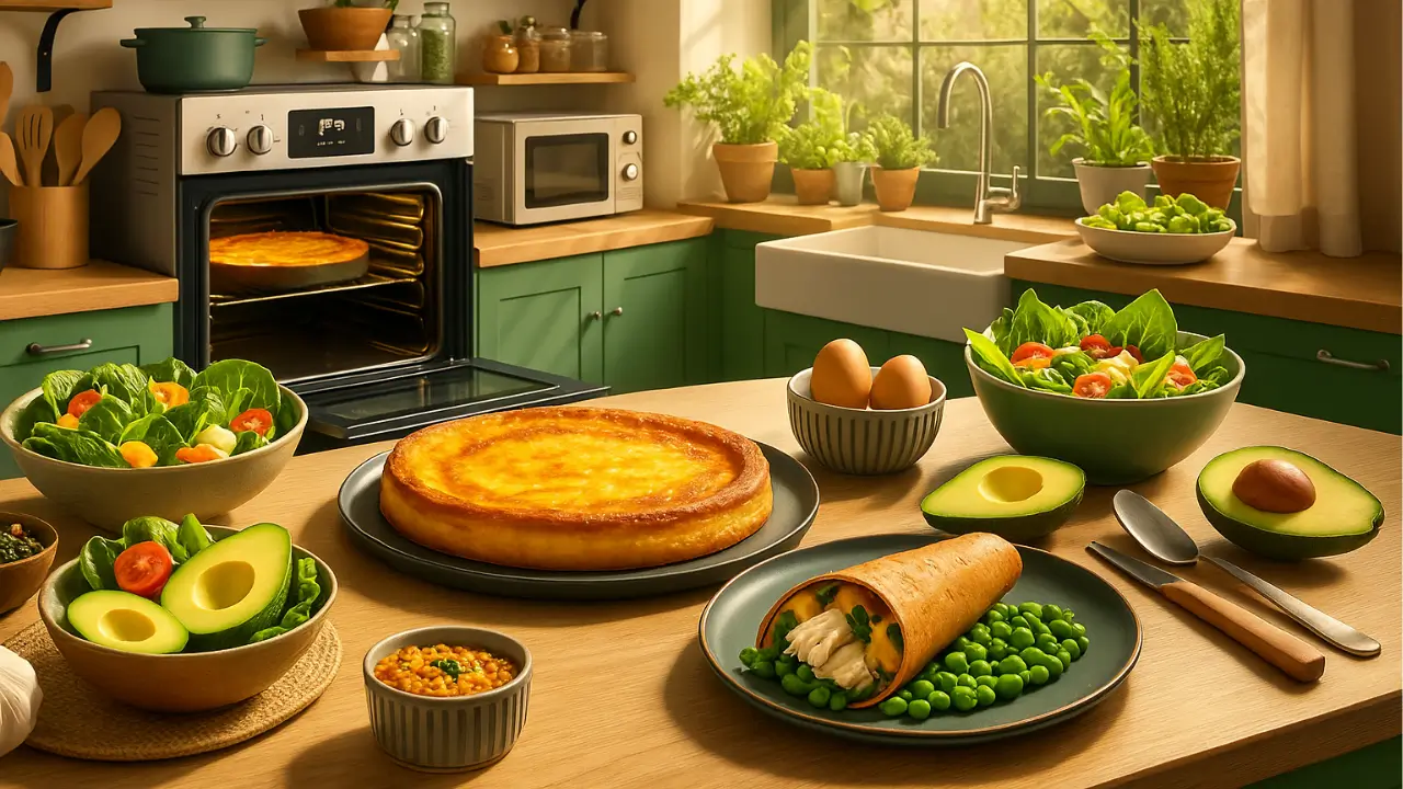 Cozinha iluminada pelo sol com pratos low carb sobre a bancada, incluindo quiche dourado, saladas com abacate, ovos, wrap de frango com ervilhas e legumes frescos, simbolizando refeições saudáveis e práticas para o dia a dia.