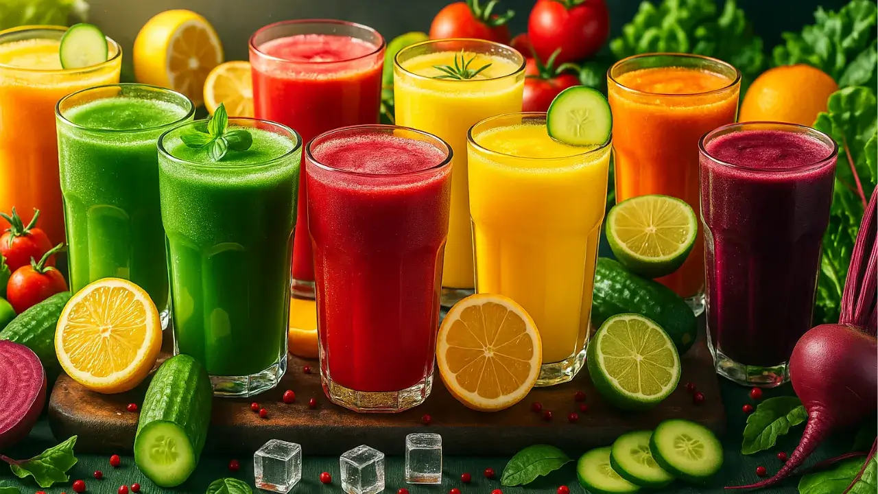 Nove copos com sucos detox naturais e coloridos dispostos lado a lado, com ingredientes frescos como limão, pepino, beterraba, laranja e folhas verdes ao redor, representando variedade e saúde em bebidas refrescantes.