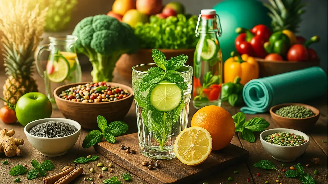 Mesa rústica com alimentos naturais e ingredientes detox, incluindo água com limão e hortelã, frutas frescas, legumes, sementes e grãos, representando hábitos saudáveis para emagrecer de forma equilibrada e sustentável.