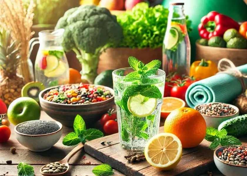 Uma cena que reúne alimentos saudáveis: frutas coloridas, vegetais verdes e sementes, criando um ambiente de saúde. Em destaque, uma refrescante água detox com limão e hortelã, remetendo ao equilíbrio e à prática de um estilo de vida saudável e natural.