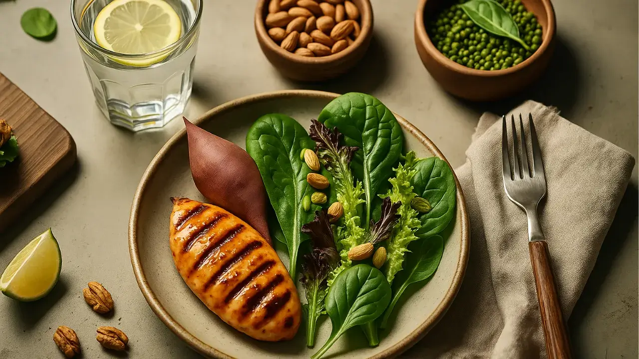 Prato com refeição balanceada contendo frango grelhado, folhas verdes, batata-doce e oleaginosas, acompanhado de água com limão, representando uma alimentação saudável para evitar compulsões após o jejum intermitente.