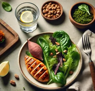 Prato com frango grelhado, batata-doce assada e uma salada de folhas verdes, ao lado de um copo de água com limão e um pequeno recipiente de nozes. A imagem evoca uma refeição equilibrada, ideal para o período pós-jejum, com uma apresentação simples e saudável.