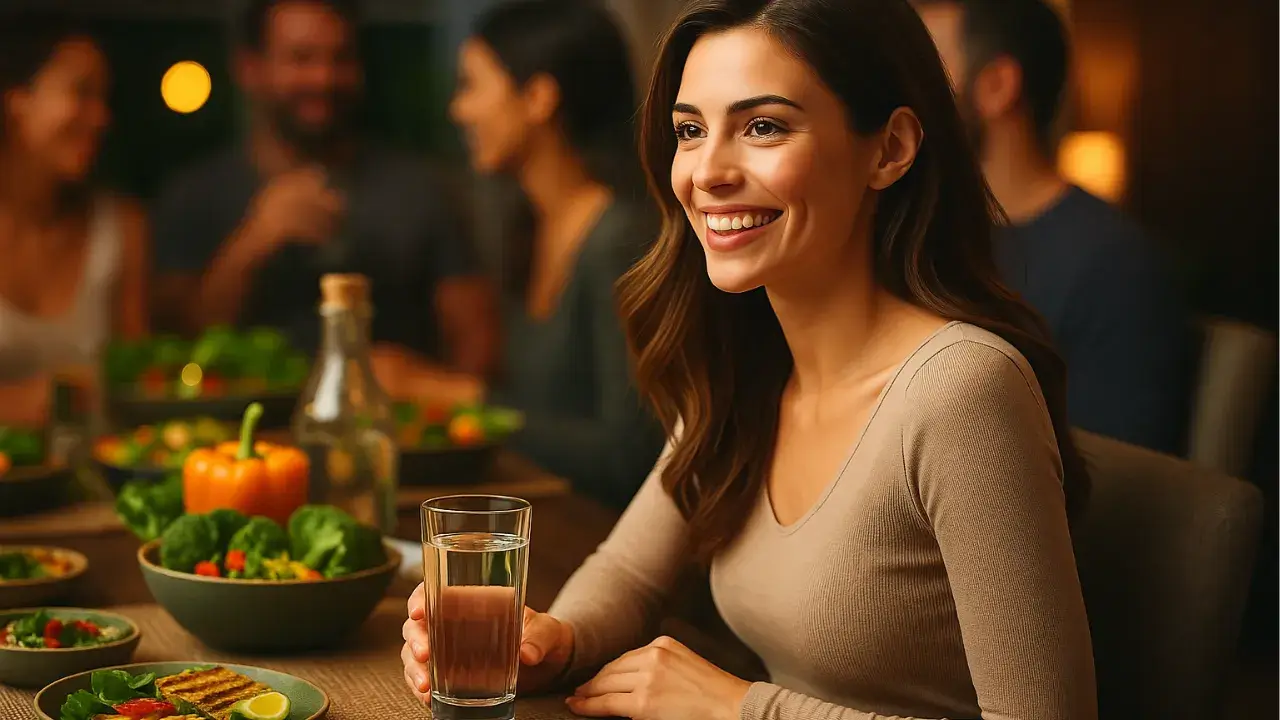 Mulher sorridente sentada à mesa em um jantar social, segurando um copo de água e cercada por pratos saudáveis como saladas e vegetais, com outras pessoas conversando ao fundo, simbolizando como manter o jejum intermitente em eventos sociais.