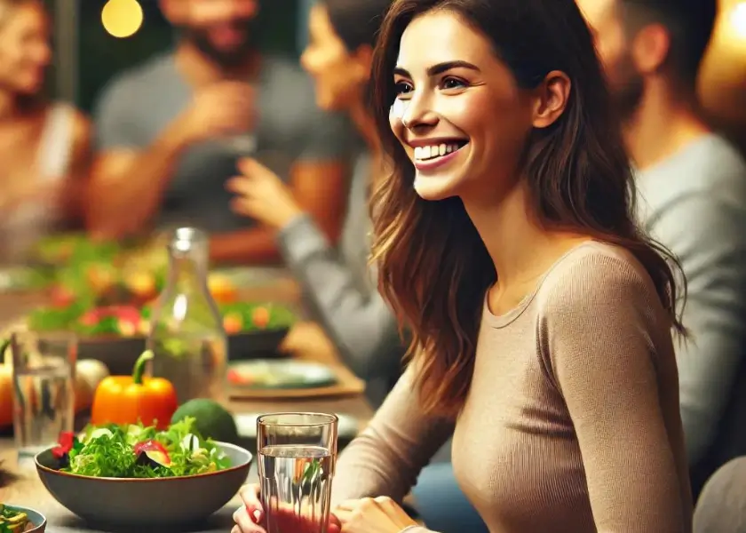 Mulher sorridente em uma mesa de jantar social, com um copo de água à sua frente. Ela interage com os amigos ao redor enquanto desfrutam de uma refeição saudável, com saladas e vegetais frescos. O ambiente é iluminado por luz suave, proporcionando uma sensação de bem-estar e conforto durante o evento.