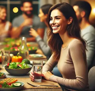 Uma mulher sorridente, sentada à mesa em um ambiente social, bebendo água enquanto conversa com amigos. Na mesa, pratos saudáveis como salada e legumes grelhados estão dispostos. O cenário é aconchegante, com iluminação suave, e outras pessoas conversam ao fundo, criando uma atmosfera harmoniosa e agradável.