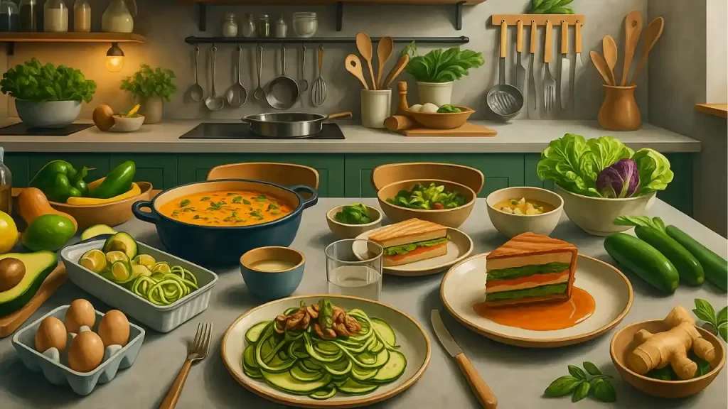 Imagem de uma mesa moderna e aconchegante com pratos low carb, incluindo lasanha de abobrinha, espaguete de abobrinha com molho à bolonhesa, pão de farinha de amêndoas e uma salada colorida, representando uma alimentação saudável e saborosa.