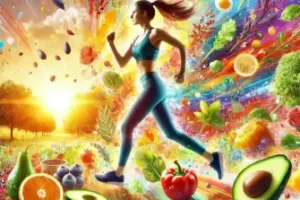 Imagem de mulher correndo em um parque ao nascer do sol, cercada por alimentos saudáveis como folhas verdes, ovos, abacate, frutas e nozes, simbolizando a combinação de exercícios físicos com uma dieta low carb.