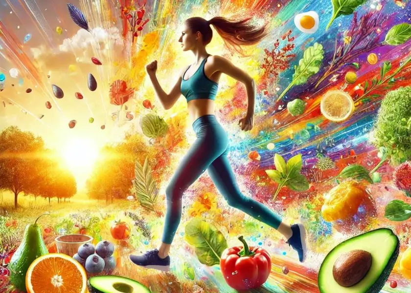 Imagem de uma mulher correndo em um cenário colorido, com alimentos saudáveis flutuando ao redor, como frutas, vegetais e nozes, representando a integração de uma dieta low carb com exercícios físicos.