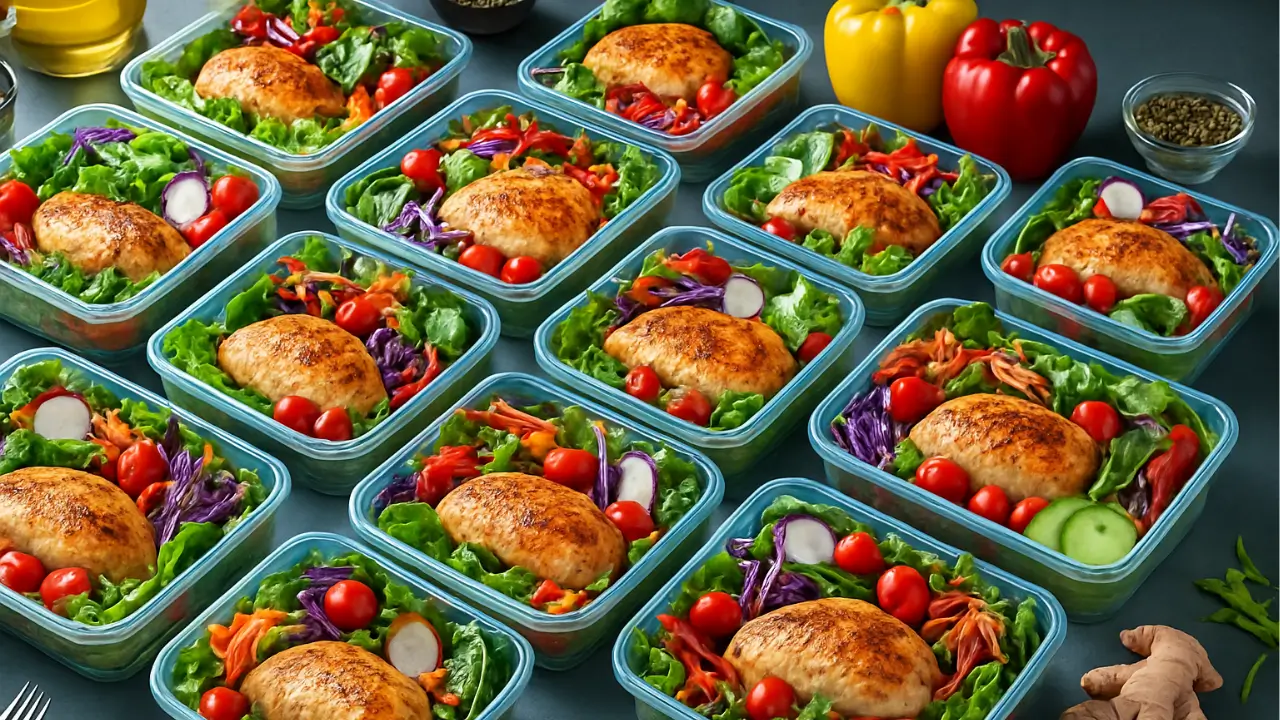 Marmitas com refeições low carb organizadas para a semana, contendo frango grelhado e salada colorida com alface, tomate cereja, cenoura, repolho roxo e pepino, ideal para um cardápio saudável e equilibrado.