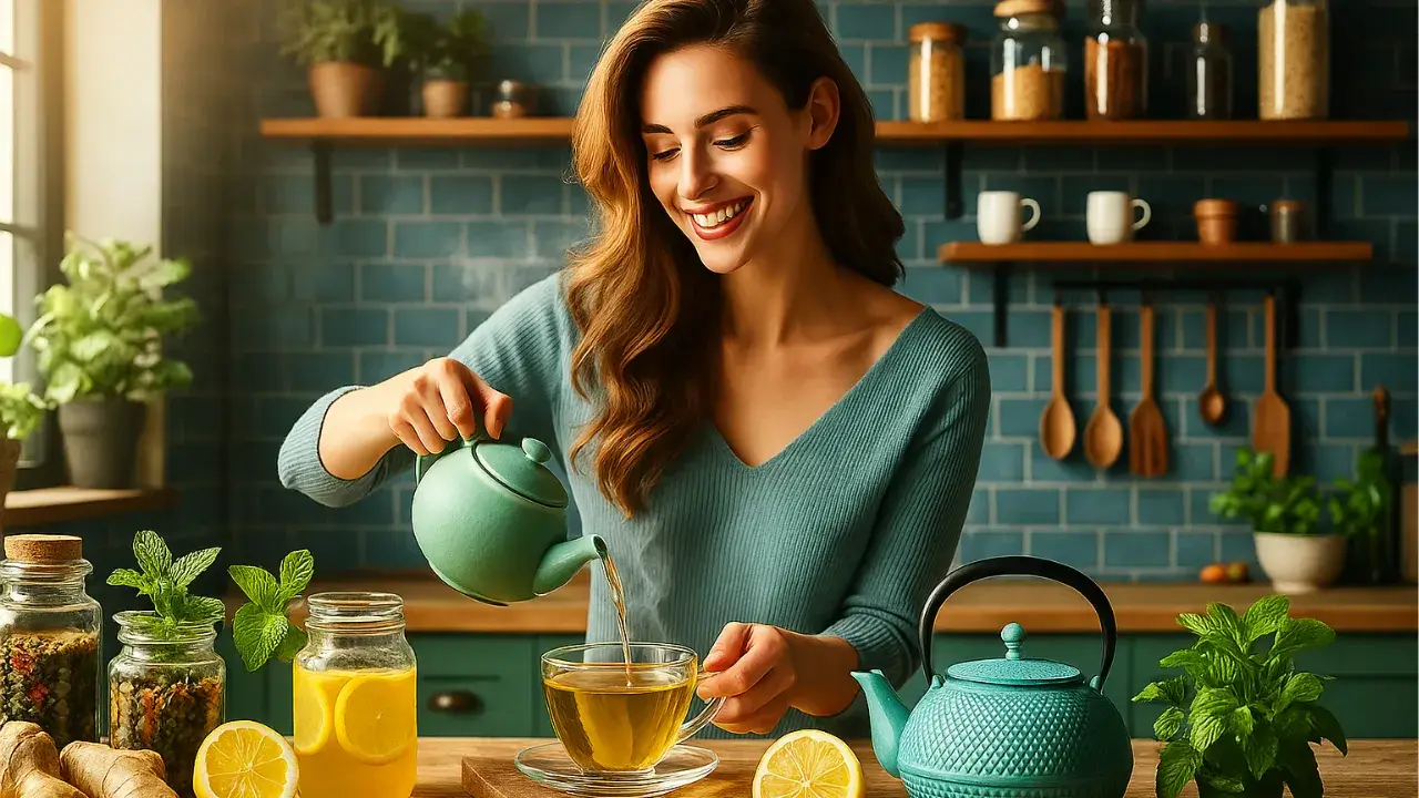 Mulher sorridente ao fundo servindo chá em uma cozinha iluminada, com mesa em primeiro plano contendo ingredientes naturais como limão, hortelã, gengibre, canela e chá em infusão, representando um momento de bem-estar e cuidado com a saúde.