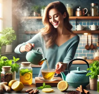 Uma mulher sorridente está servindo uma xícara de chá quente em um ambiente aconchegante e moderno de cozinha. Em cima do balcão, ao redor dela, há diversos ingredientes naturais, como limão, canela, gengibre e folhas de hortelã, sugerindo uma preparação de chás que promovem saúde e bem-estar. O vapor saindo da xícara indica o frescor da bebida, enquanto o cenário transmite uma atmosfera acolhedora e equilibrada, com destaque para o uso de ingredientes naturais como aliados na rotina saudável.