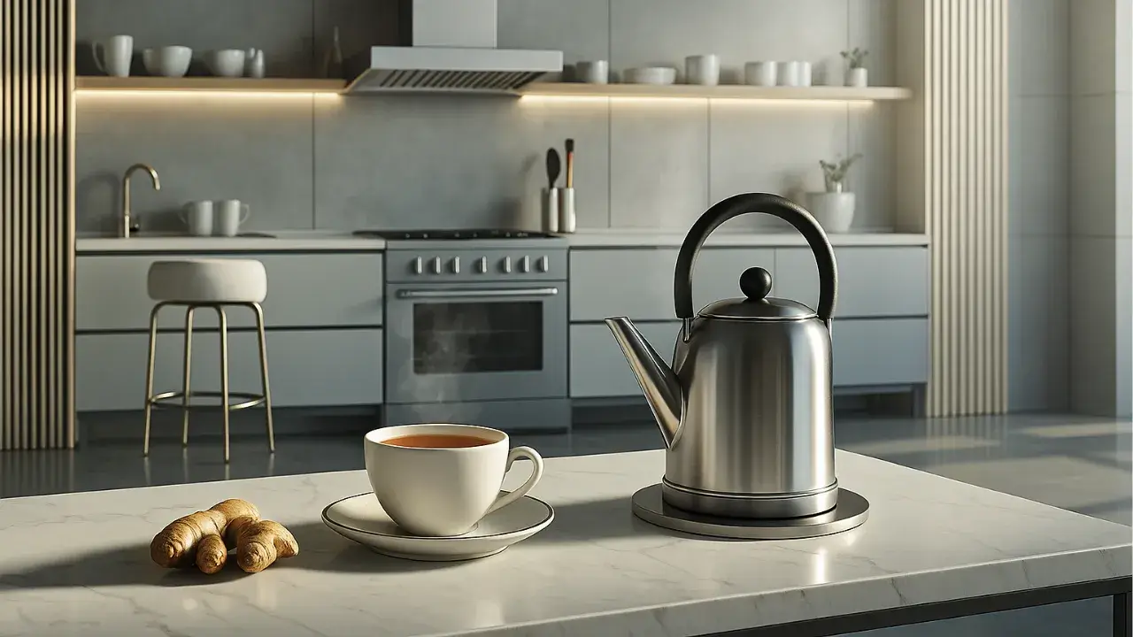 Xícara de chá fumegante ao lado de chaleira de inox sobre bancada de mármore em cozinha moderna e minimalista, com gengibre fresco ao lado, simbolizando os benefícios do chá de gengibre para desinchar e reduzir medidas de forma natural.