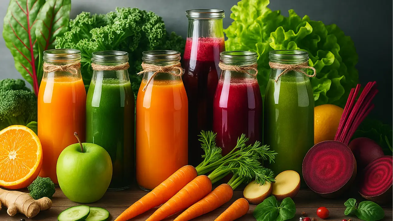 Sete garrafas de vidro com sucos detox coloridos sobre mesa de madeira, cercadas por frutas, vegetais e folhas verdes como cenoura, maçã, laranja, beterraba, gengibre e espinafre, em ambiente iluminado por luz suave, representando saúde e vitalidade.