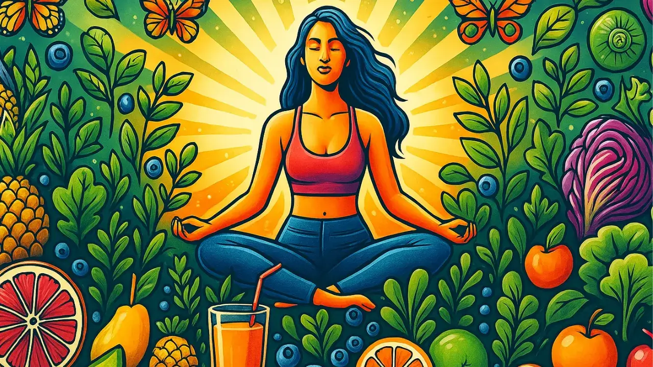 Ilustração vibrante de mulher meditando em posição de lótus rodeada por frutas, vegetais e folhas verdes, com suco detox ao centro e raios de luz ao fundo, simbolizando equilíbrio, saúde natural e desintoxicação do corpo sem dietas extremas.