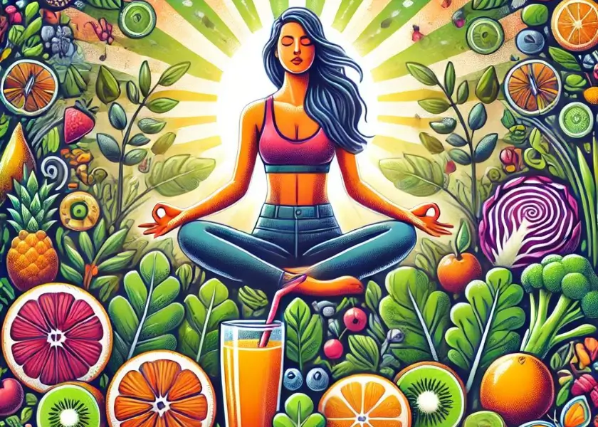 Imagem de uma mulher meditando no centro de uma cena cheia de frutas, vegetais e elementos naturais. O cenário está repleto de folhas verdes, borboletas e raios de sol, transmitindo uma sensação de energia e frescor, enquanto representa o processo de desintoxicação do corpo através de alimentos saudáveis.