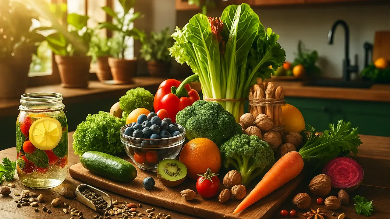 Mesa de madeira iluminada pelo sol com jarra de água saborizada com limão e hortelã ao lado de frutas, legumes e vegetais frescos como brócolis, cenoura, kiwi, laranja, pepino, tomate, mirtilo e folhas verdes, em uma cozinha com plantas ao fundo, simbolizando alimentação detox natural.