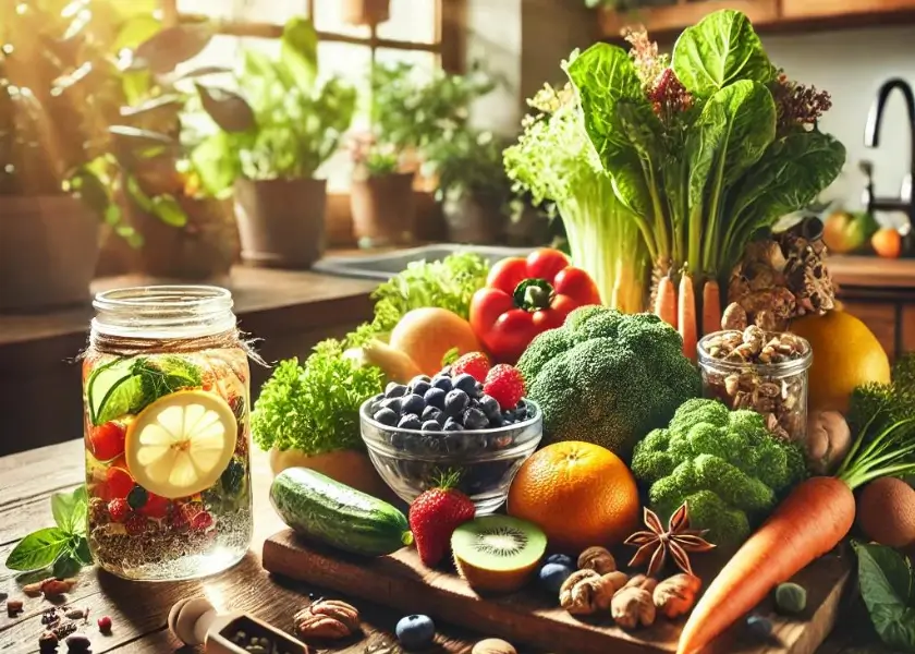 Frutas coloridas, vegetais e sementes organizadas sobre um balcão de madeira em uma cozinha iluminada pelo sol. Uma jarra de água com limão complementa a cena, transmitindo a ideia de frescor e saúde. Plantas ao fundo reforçam a atmosfera natural e acolhedora, representando os benefícios de uma alimentação saudável.