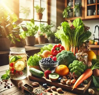 Uma cena vibrante e cheia de energia com frutas, vegetais e sementes frescas dispostas em um balcão de cozinha de madeira. Ao fundo, uma janela iluminada pelo sol com plantas, simbolizando uma vida saudável e natural. Um jarro de água com rodelas de limão está ao lado, trazendo uma sensação de frescor e vitalidade.