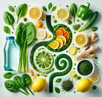 Imagem de frutas e vegetais frescos, como limões e espinafre, com uma garrafa de água ao lado. Representa detox e saúde digestiva com tons de verde e amarelo.