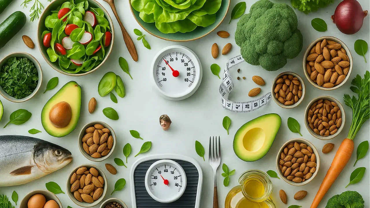 Composição de alimentos saudáveis dispostos ao redor de uma balança analógica e fita métrica sobre fundo claro, incluindo peixe, ovos, abacate, folhas verdes, salada, brócolis, pepino, oleaginosas e azeite, simbolizando os benefícios da dieta low carb para emagrecimento e energia.