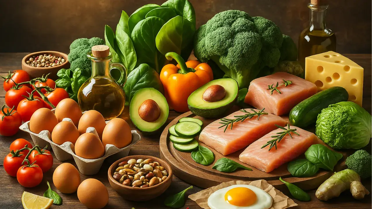 Mesa rústica com alimentos permitidos na dieta low carb, incluindo ovos, salmão, abacate, azeite de oliva, brócolis, espinafre, castanhas, queijo, tomate e vegetais frescos, dispostos de forma organizada e colorida.