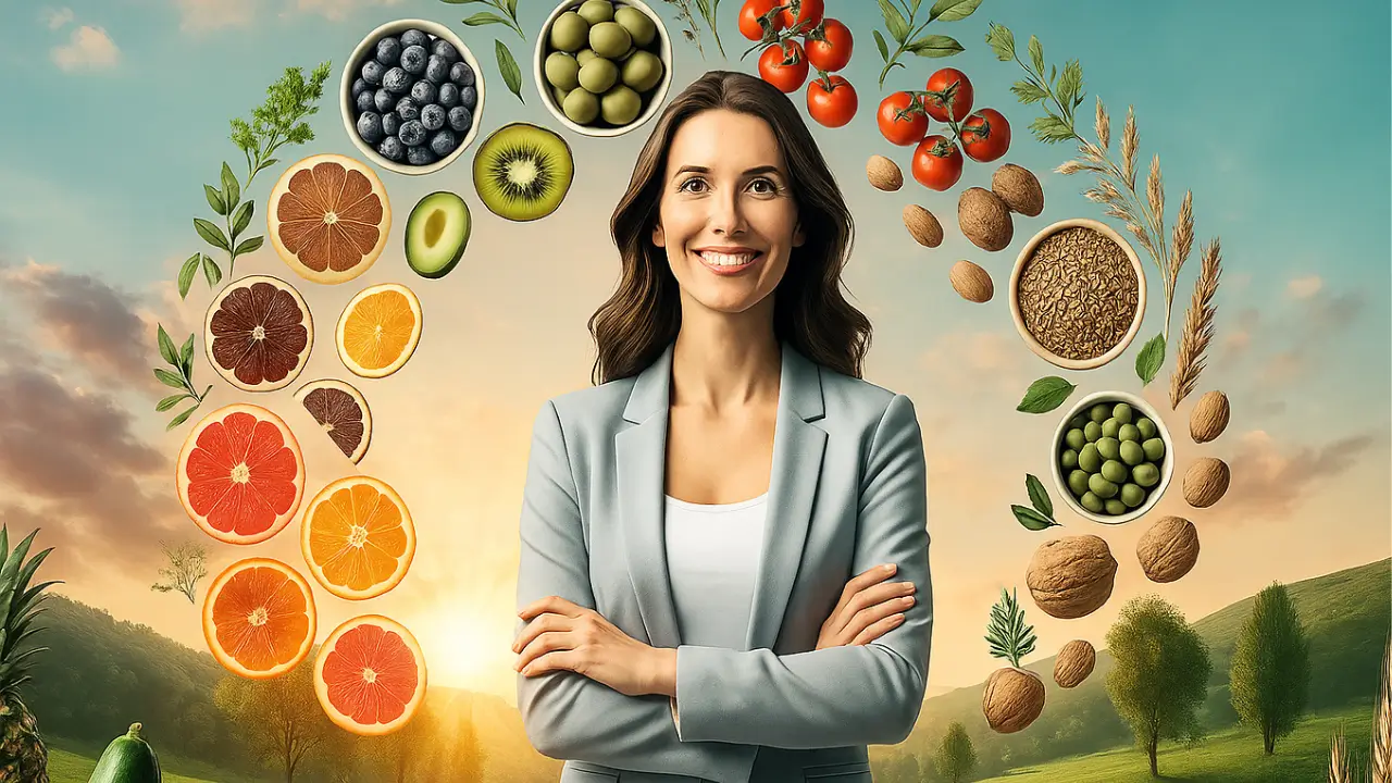 Mulher sorridente de braços cruzados ao ar livre, com arco de alimentos saudáveis como frutas, sementes, vegetais e grãos ao redor da cabeça, em um cenário natural com colinas verdes e pôr do sol ao fundo, simbolizando equilíbrio entre saúde e bem-estar.