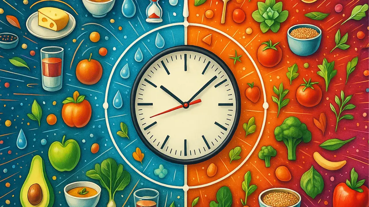 Ilustração colorida com um grande relógio analógico no centro, dividido entre tons frios e quentes, cercado por alimentos naturais como frutas, legumes, sementes e bebidas, simbolizando diferentes fases do jejum intermitente e os melhores horários para comer e beber.