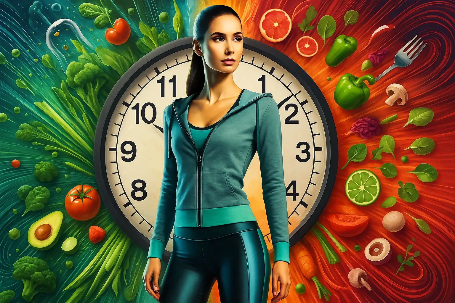 Mulher com roupa esportiva em frente a um grande relógio analógico, cercada por explosão de vegetais e frutas coloridas representando saúde e energia. A imagem simboliza o jejum intermitente e a importância da alimentação equilibrada.