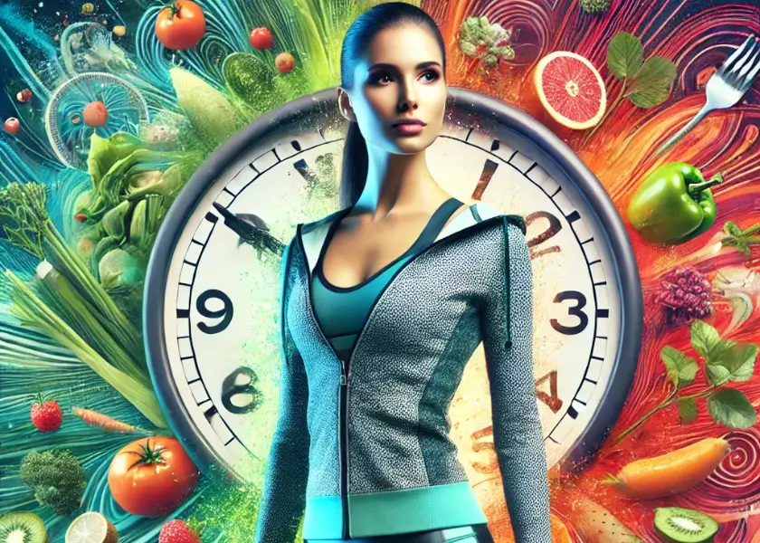 Imagem de uma mulher com roupa esportiva, em frente a um relógio grande. Ao redor dela, frutas e vegetais flutuam em um fundo colorido, representando saúde, alimentação equilibrada e jejum intermitente.