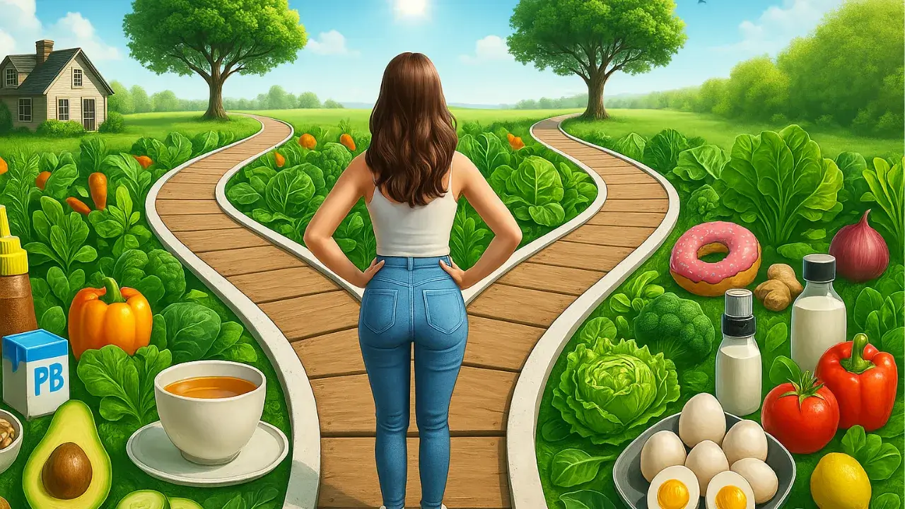 Mulher vista de costas em um caminho bifurcado entre duas trilhas repletas de alimentos: uma com opções saudáveis como vegetais, ovos, abacate e folhas verdes; a outra com alimentos ultraprocessados como batata frita, refrigerante e donuts, representando a escolha entre uma dieta equilibrada e uma alimentação prejudicial à saúde.
