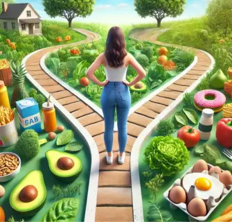 Na imagem, uma mulher está parada em uma estrada que se divide em dois caminhos distintos. O caminho à esquerda, marcado por alimentos saudáveis como abacates, ovos e vegetais, representa escolhas alimentares que trazem energia e saúde a longo prazo. O caminho à direita, repleto de lanches rápidos, refrigerantes e doces, reflete escolhas tentadoras, mas que podem comprometer o bem-estar no futuro. A estrada simboliza o dilema diário entre alimentar o corpo de forma saudável ou ceder às tentações, mostrando o impacto de nossas escolhas no percurso da vida.