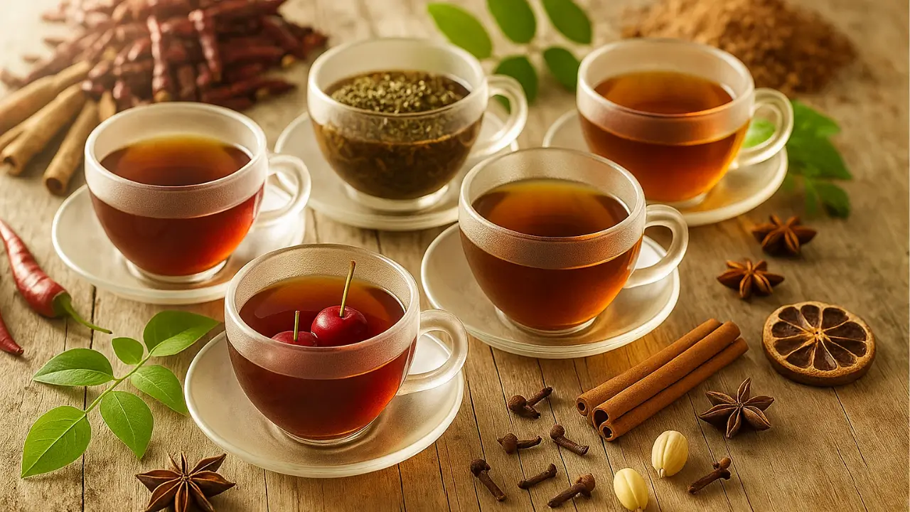 Cinco xícaras de chá termogênico em copos de vidro sobre mesa rústica de madeira, cercadas por especiarias como canela, cravo, pimenta, anis-estrelado e ingredientes naturais como cerejas e folhas, em ambiente iluminado por luz suave.