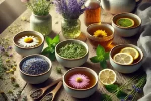 Seis xícaras de chá herbal dispostas em uma mesa rústica de madeira, cercadas por ervas frescas e flores delicadas. A iluminação suave e natural cria um ambiente tranquilo e acolhedor, evocando relaxamento e paz.