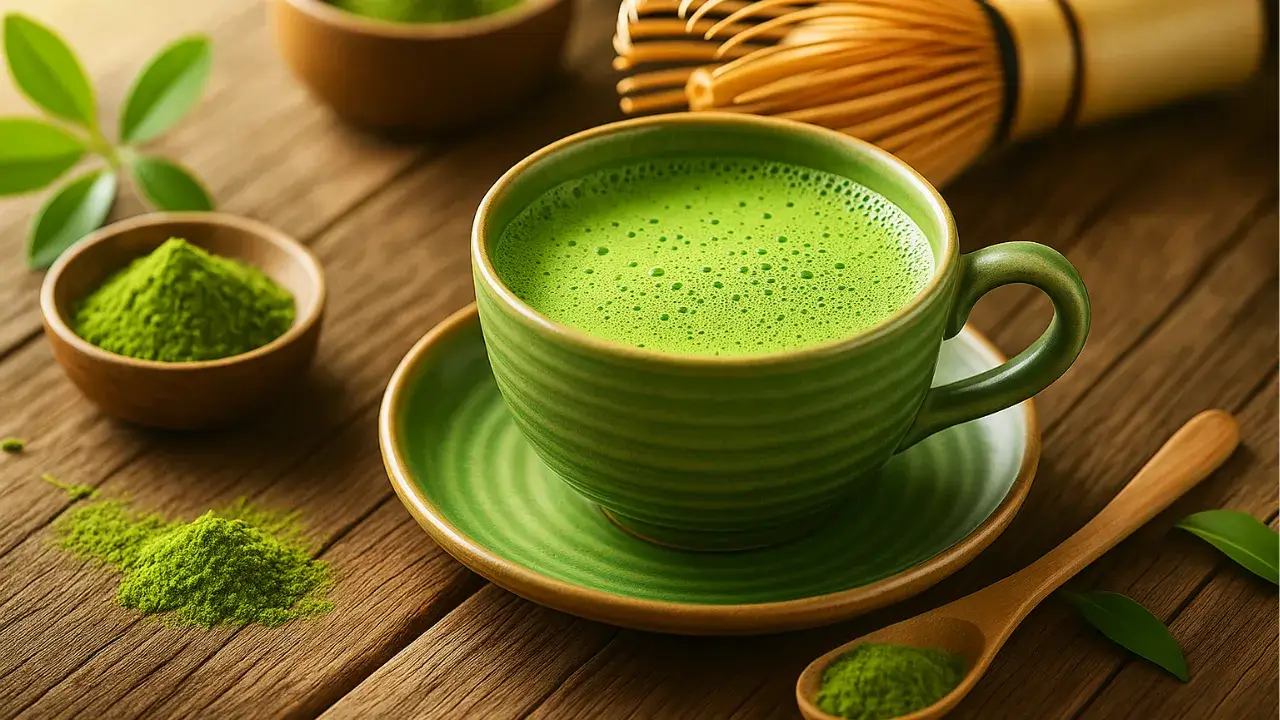Xícara de chá matcha em tons verdes sobre pires de cerâmica, acompanhada de pó de matcha em colheres e tigelas de madeira, com batedor tradicional ao fundo, representando a preparação do chá e seus benefícios para o emagrecimento saudável.