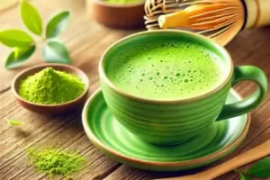 Uma xícara de chá matcha verde vibrante e espumante está sobre uma superfície de madeira, cercada por um batedor de bambu e uma colher com o pó de matcha. Folhas de chá completam a cena, criando um ambiente natural e acolhedor.