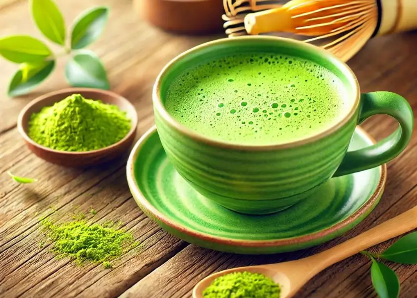 Uma xícara de chá matcha quente, com acessórios de preparo como um batedor de bambu e uma colher com matcha em pó ao lado. Folhas de chá complementam o cenário, sugerindo uma experiência de bem-estar e naturalidade.