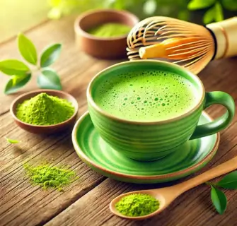 Uma xícara de chá matcha verde vibrante e espumante está sobre uma superfície de madeira, cercada por um batedor de bambu e uma colher com o pó de matcha. Folhas de chá completam a cena, criando um ambiente natural e acolhedor.