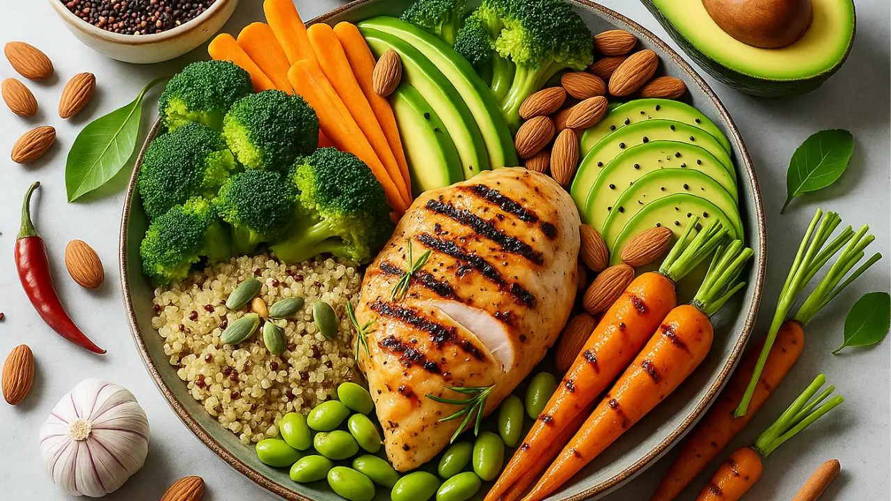 Prato saudável com frango grelhado, quinoa com sementes, brócolis, cenouras baby, edamame, abacate fatiado e amêndoas, todos organizados em uma tigela rústica sobre fundo claro, representando uma refeição nutritiva para janelas de alimentação no jejum intermitente.