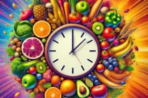 A imagem apresenta um relógio central com marcadores de hora minimalistas, cercado por uma variedade colorida de alimentos saudáveis, incluindo frutas, legumes, vegetais e grãos. A composição é vibrante, com um fundo em tons de gradiente que vai do amarelo ao roxo, simbolizando energia, saúde e equilíbrio, associados ao conceito de jejum intermitente.